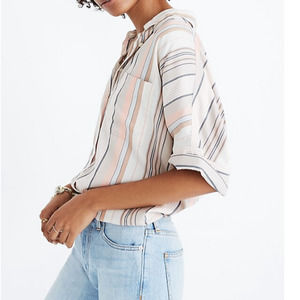 Madewell Courier Shirt in Aldwin Stripe Cream Peach Short Sleeve Buttoned LARGE